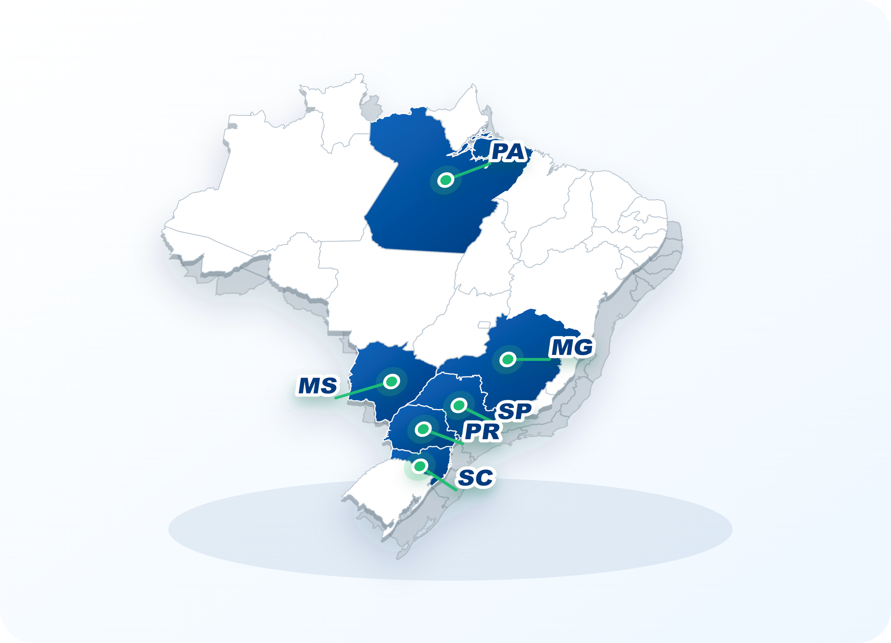 Mapa 3D do Brasil com estados atendidos pela Efatec destacados em azul